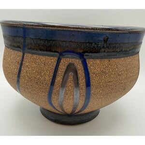 Large Wabi Sabi Studio Pottery Bowl Deep Blue Drip Glaze MCM Serving Centerpiece